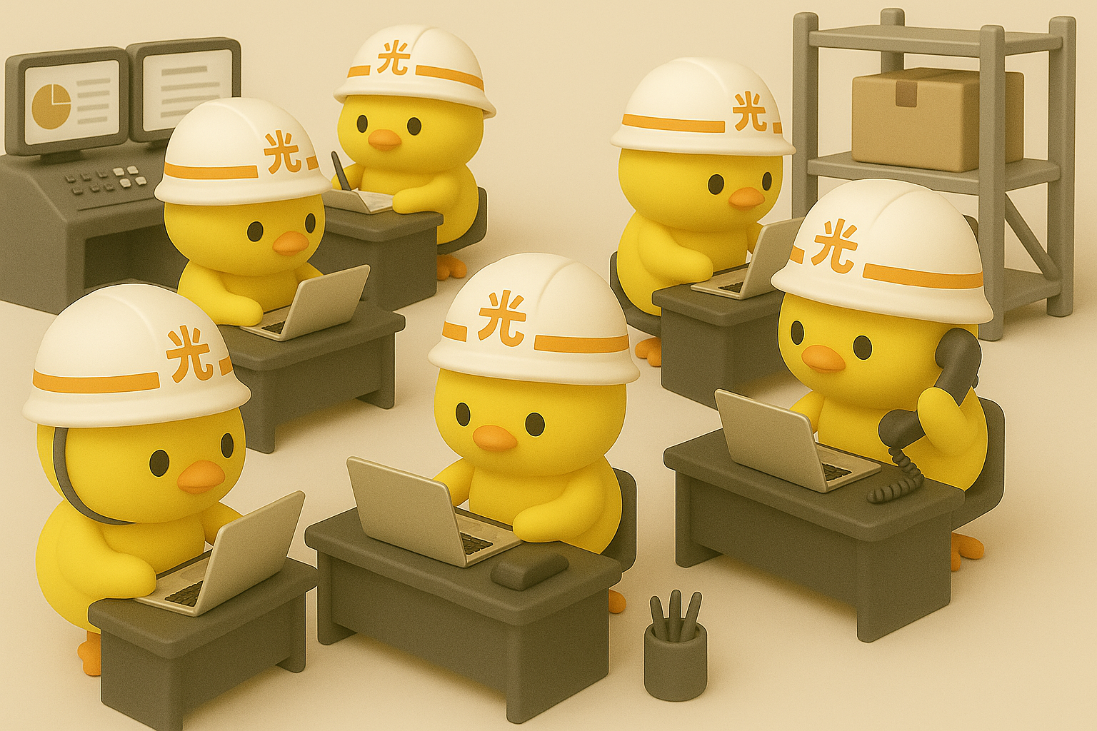 ヒヨコのキャラクターたちが働くオフィスのイメージ