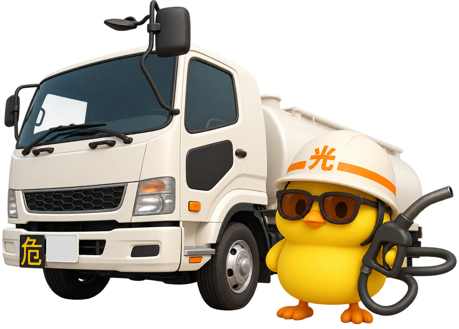 タンクローリーと光のヒヨコキャラクターの採用イメージ
